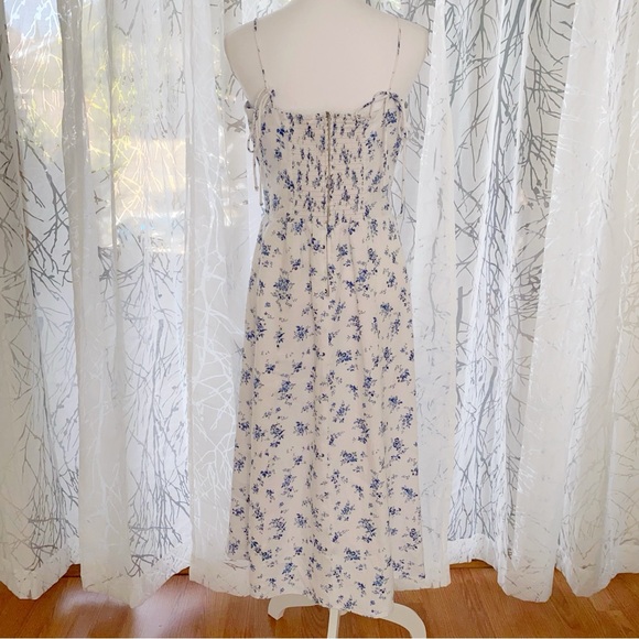 Reformation christen white blue Floral Print square neck tie straps Midi Dress - Picture 3 of 15